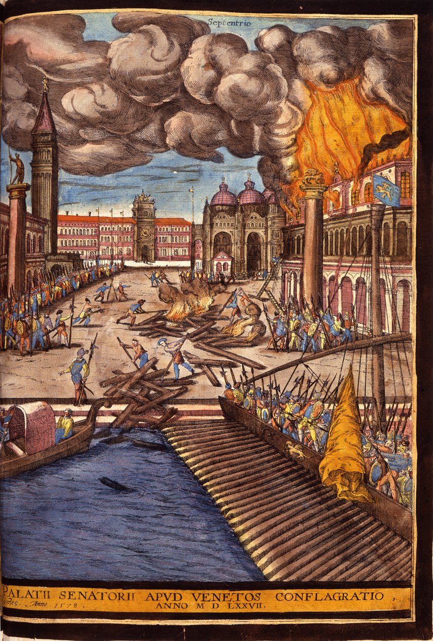 Der große Brand des Dogenpalastes auf dem Markusplatz in Venedig im Jahr 1577. Gravur von George Braun in „Civitatis Orbis Terrarum“ Band I, geschrieben von Franz Hogenberg von Georg Braun and Hogenberg Franz