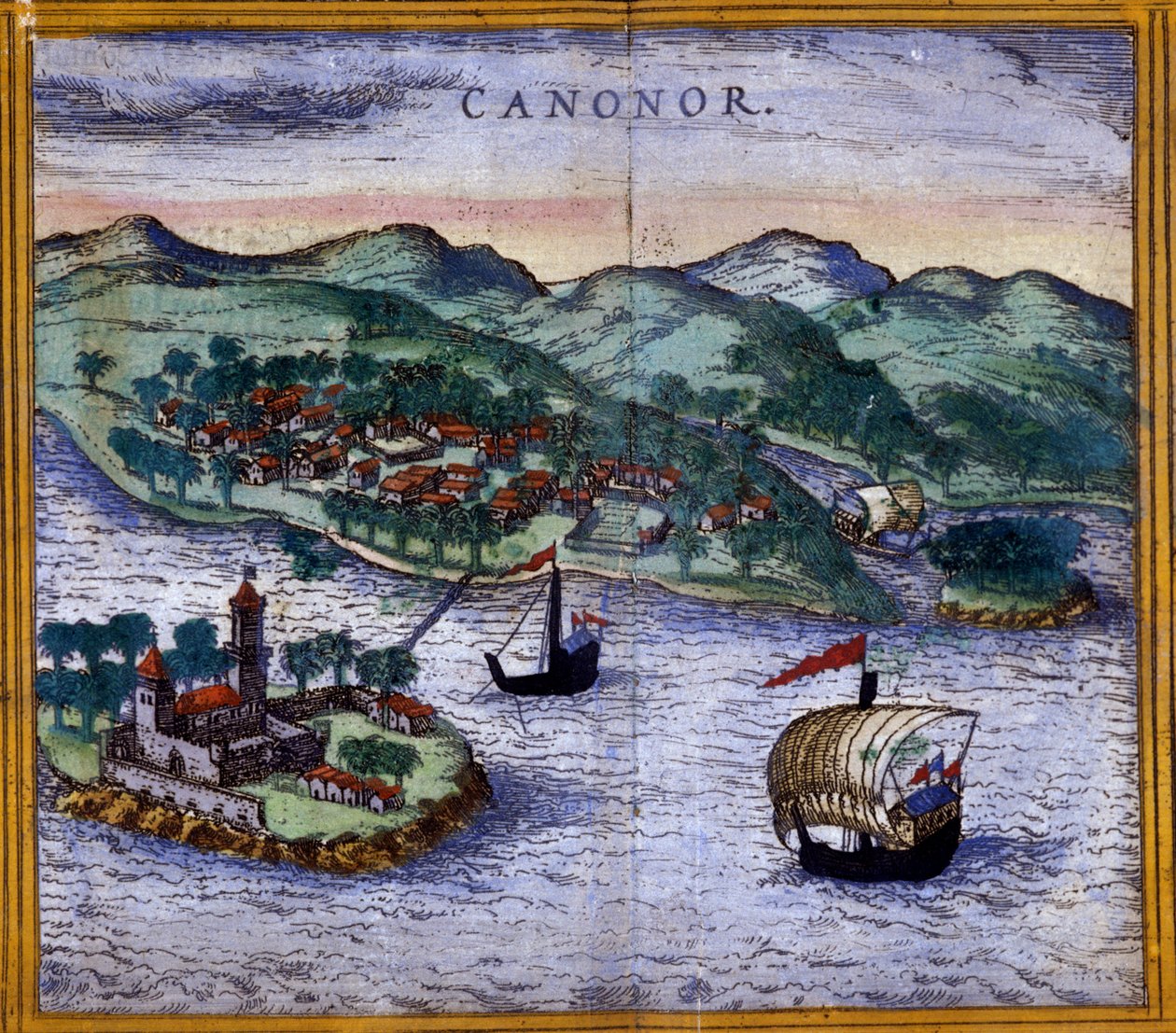Ansicht von Canonor (oder Cannanore) in Indien aus einer Ausgabe von „Civitates Orbis Terrarum“ von Braun und Hogenberg von Georg Braun and Hogenberg Franz