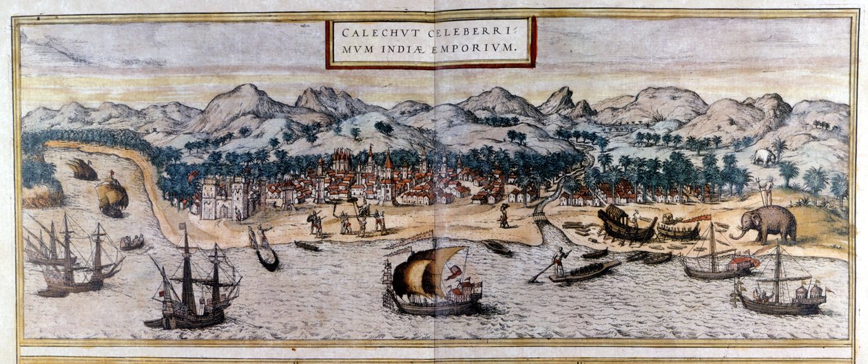 Ansicht von Kozhikode oder Calicut in Indien aus dem Atlas „Civitates Orbis Terrarum“ von Braun & Hogenberg von Georg Braun and Hogenberg Franz