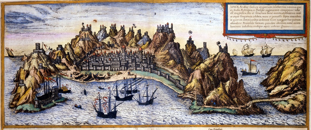 Ansicht der Stadt Aden im Jemen aus dem Atlas „Civitates Orbis Terrarum“ von Braun & Hogenberg von Georg Braun and Hogenberg Franz