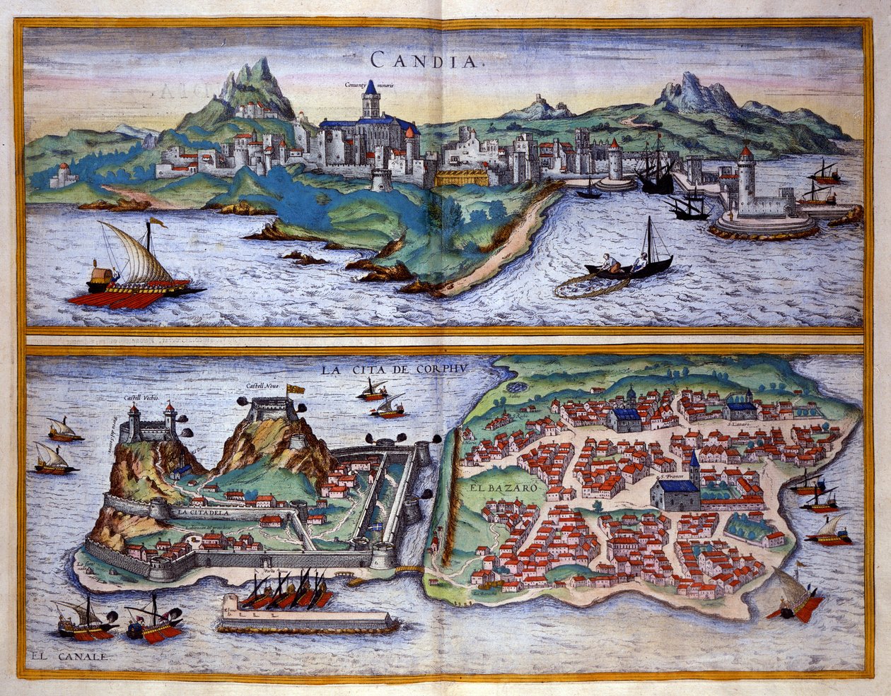 Ansicht des Hafens von Candia (heutiges Heraklion) auf Kreta und des Hafens von Korfu in Griechenland. Gravur von George Braun in „Civitatis Orbis Terrarum“ Band I, geschrieben von Franz Hogenberg von Georg Braun and Hogenberg Franz