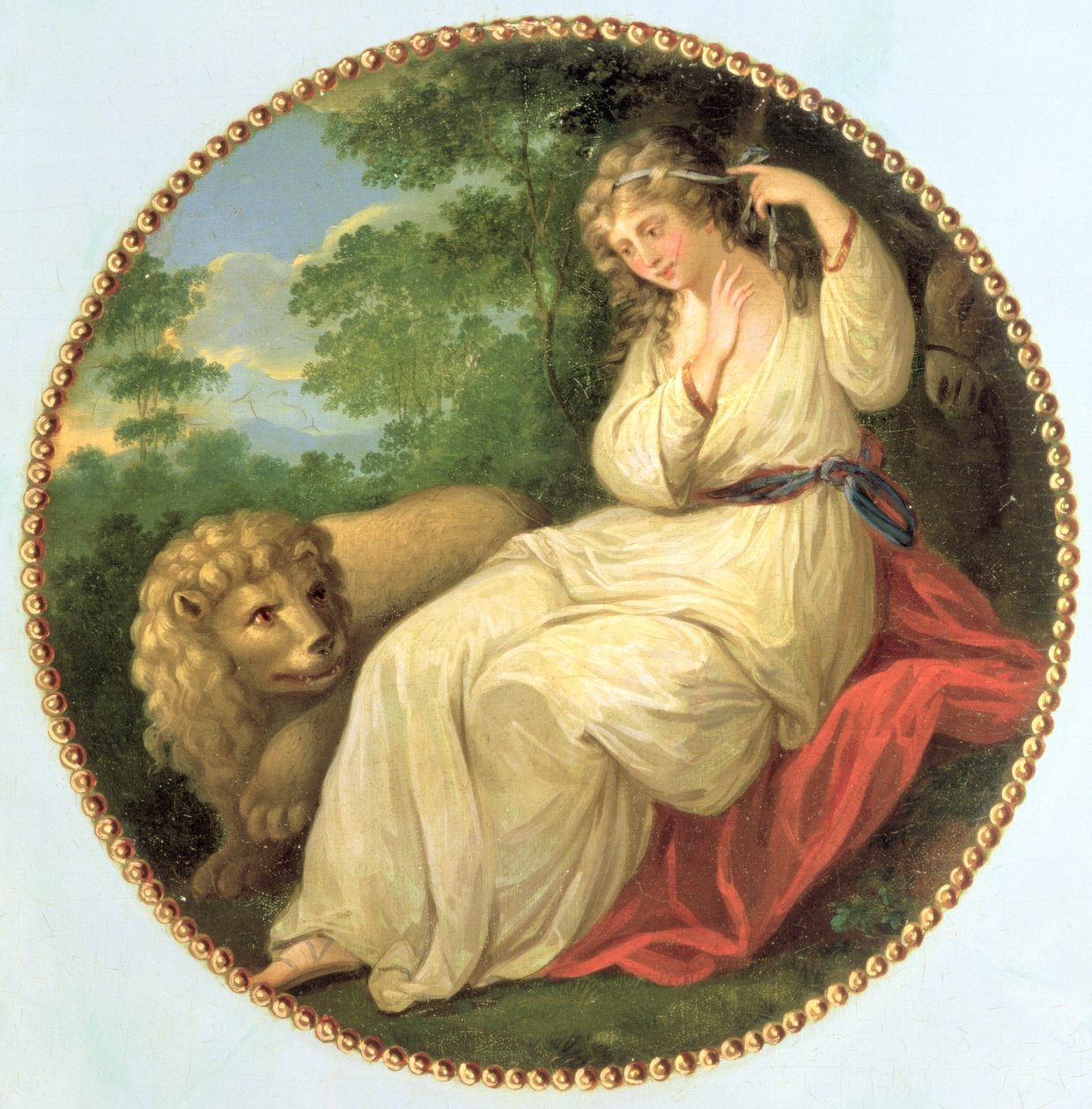 Una und der Löwe, das Design stammt von einem Stich von 1783 von Thomas Burke (1749-1815) nach Angelica Kauffman (1741-1807), eines von drei dekorativen Medaillons von einer George III Kommode, um 1790 von George Brookshaw