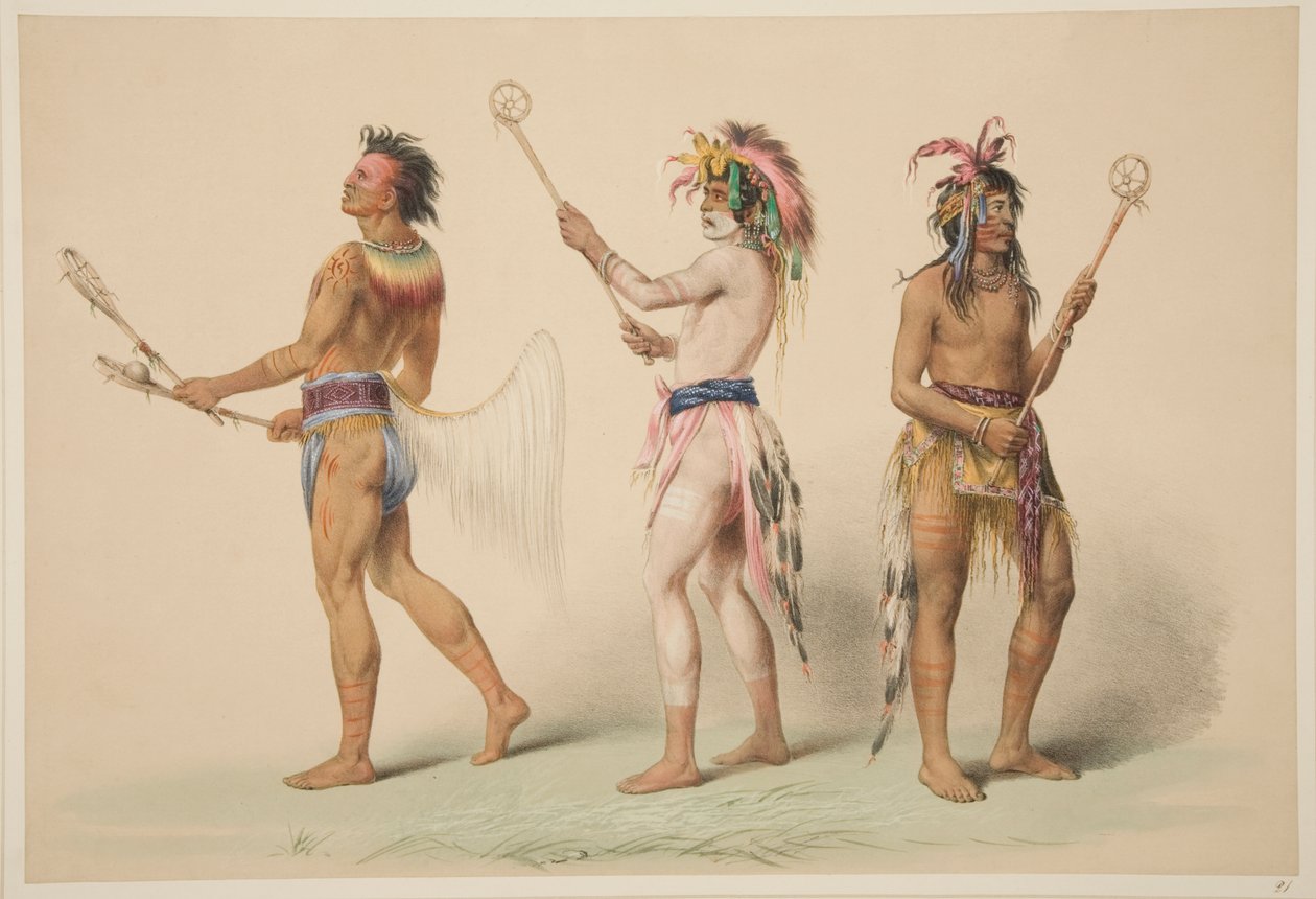 Illustration von Lacrosse-Spielern, aus Illustrationen der Sitten, Bräuche und Zustände der nordamerikanischen Indianer, London, 1845 von George Catlin