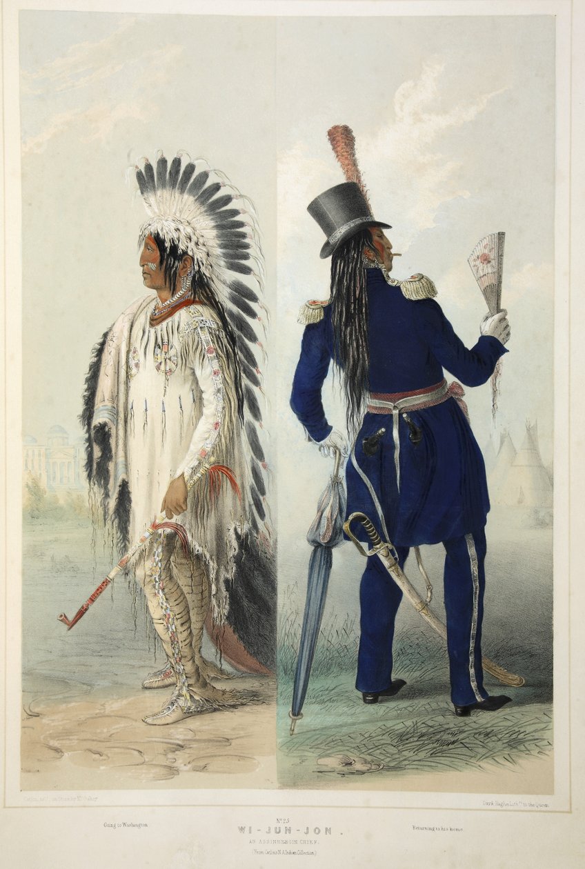 Wi-Jun-Jon, ein Assinneboin-Häuptling, aus Catlins Nordamerikanisches Indianer-Portfolio. Jagdszenen und Vergnügungen der Rocky Mountains und Prärien Amerikas, veröffentlicht 1845 von George Catlin