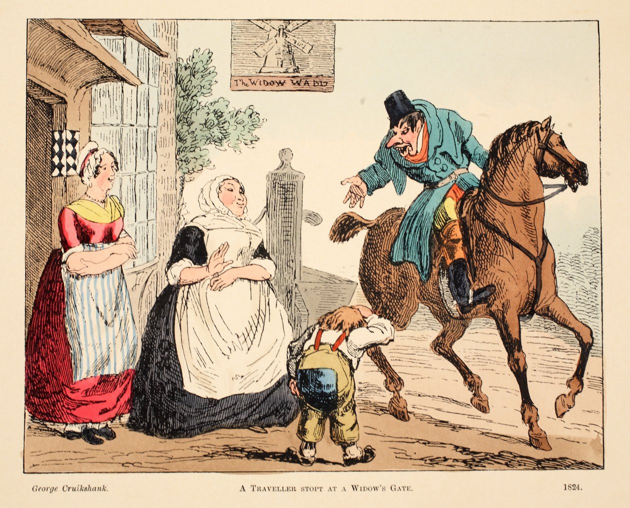 Ein Reisender hält an einem Witwentor an, veröffentlicht 1824 von George Cruikshank