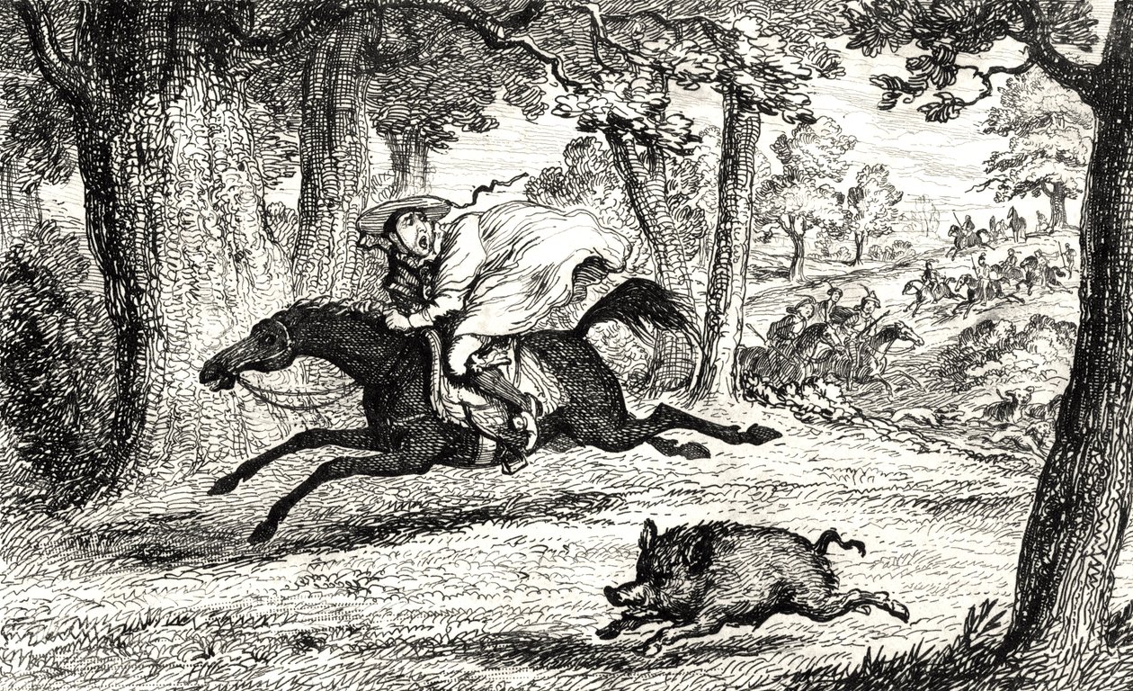 Kardinal John von Belue jagt einen Eber, Illustration aus 