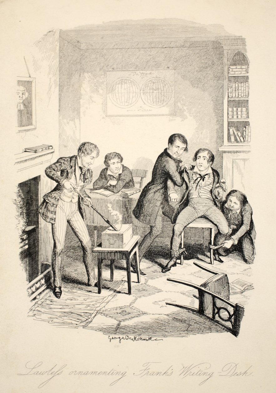 Lawleys Verzierungen auf Franks Schreibtisch, aus Frank Fairlegh oder Szenen aus dem Leben eines Privatschülers, veröffentlicht ca. 1870 von George Cruikshank