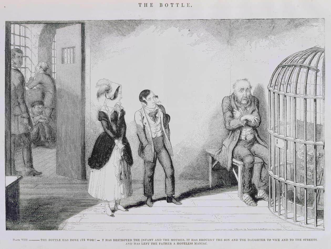 Die Flasche, Platte VIII, Die Flasche hat ihre Arbeit getan - sie hat das Kind und die Mutter zerstört, sie hat den Sohn und die Tochter zur Lasterhaftigkeit und auf die Straße gebracht und den Vater hoffnungslos gemacht von George Cruikshank