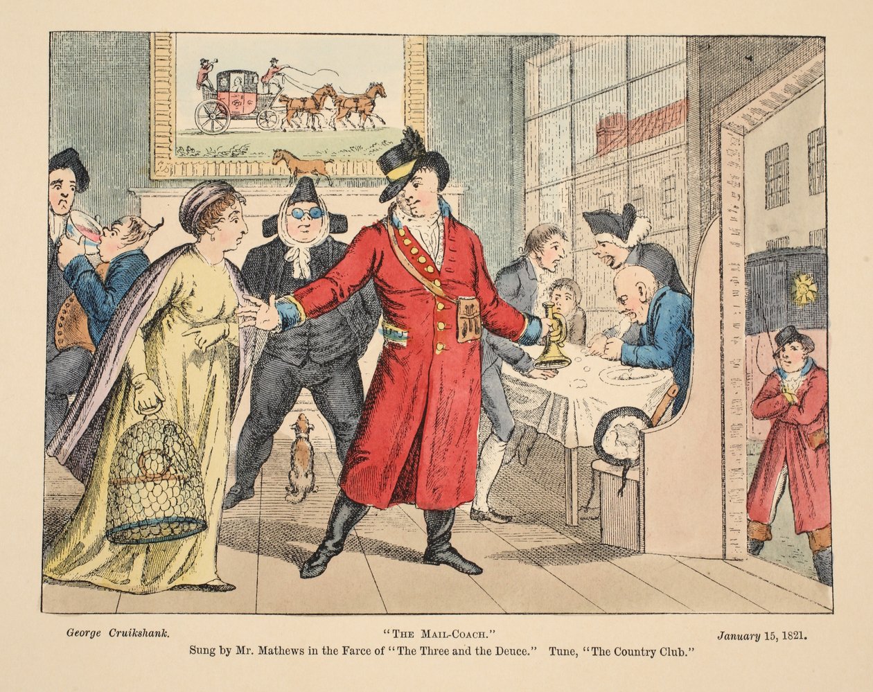 Die Postkutsche, gesungen von Mr. Mathews in der Farce The Three and the Deuce. Melodie, The Country Club, veröffentlicht 1821 von George Cruikshank