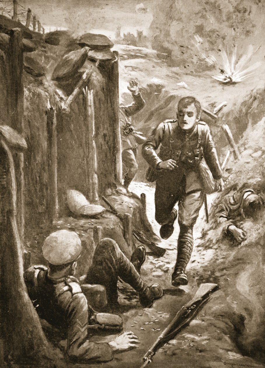 Sergeant Tuersley rennt, um einem verwundeten Korporal zu helfen, dessen Bein von einer Granate abgerissen wurde von George Derville Rowlandson