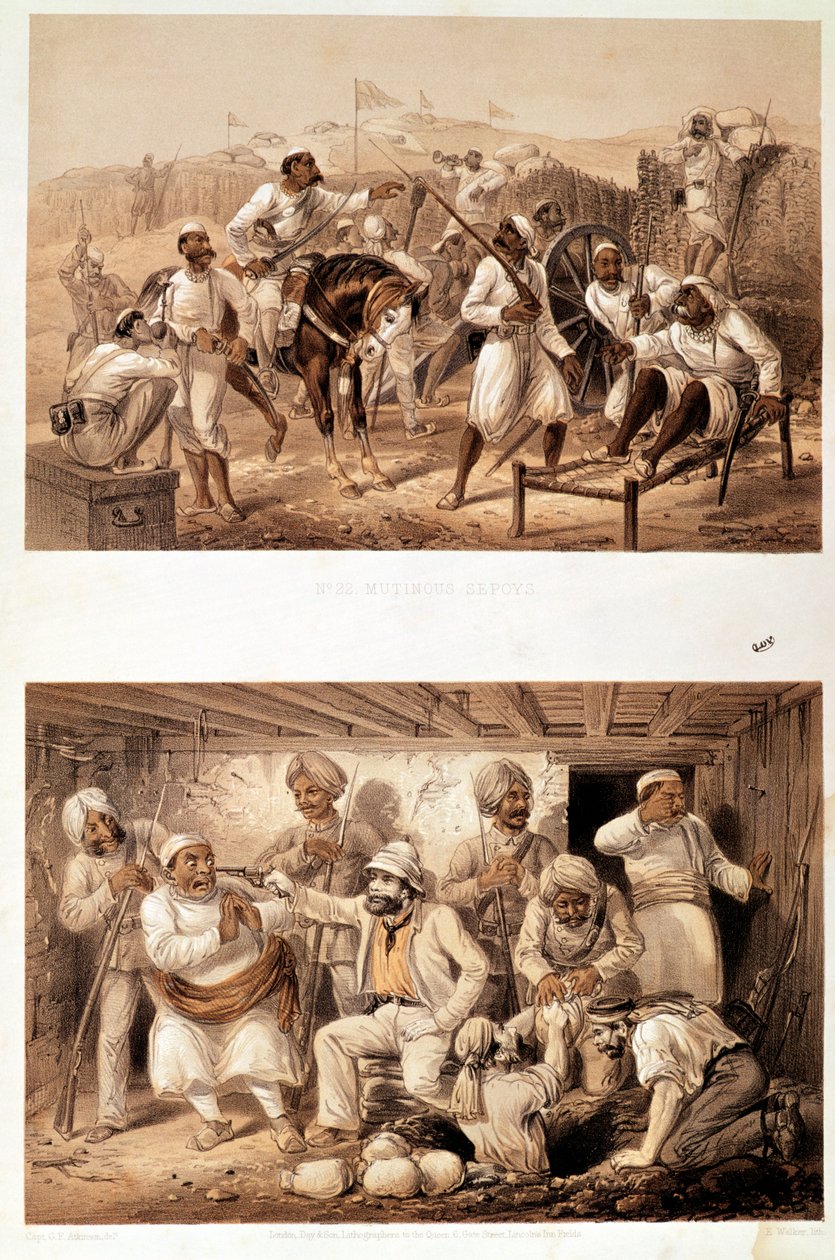 Zwei Szenen des indischen Aufstands von 1857, die meuternde Sepoys und einen englischen Agenten zeigen, der nach der Besetzung von Delhi Schätze extrahiert von George Francklin Atkinson