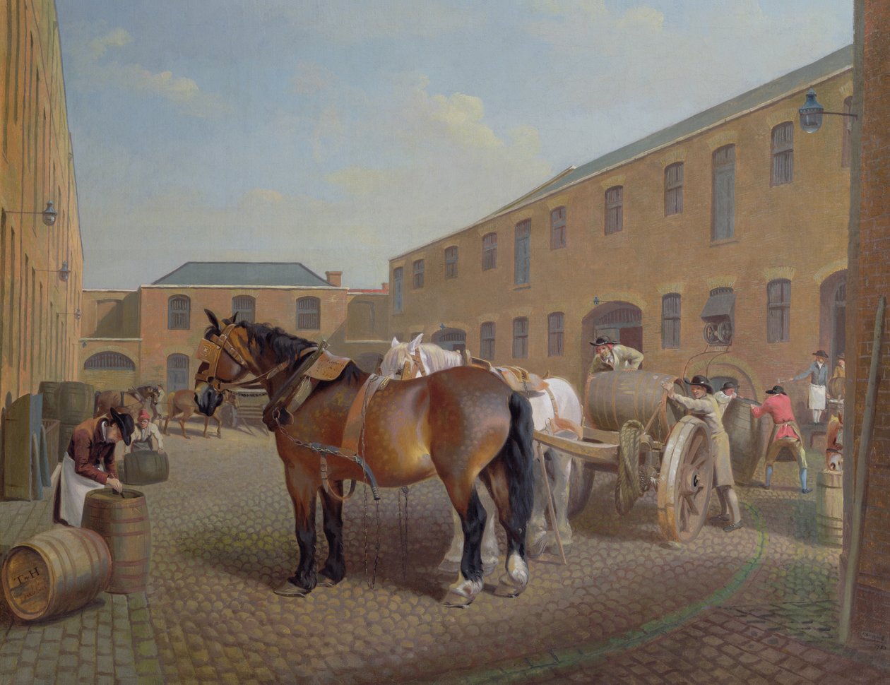 Beladen der Drays in der Whitbread Brauerei, Chiswell Street, London, 1783 von George Garrard