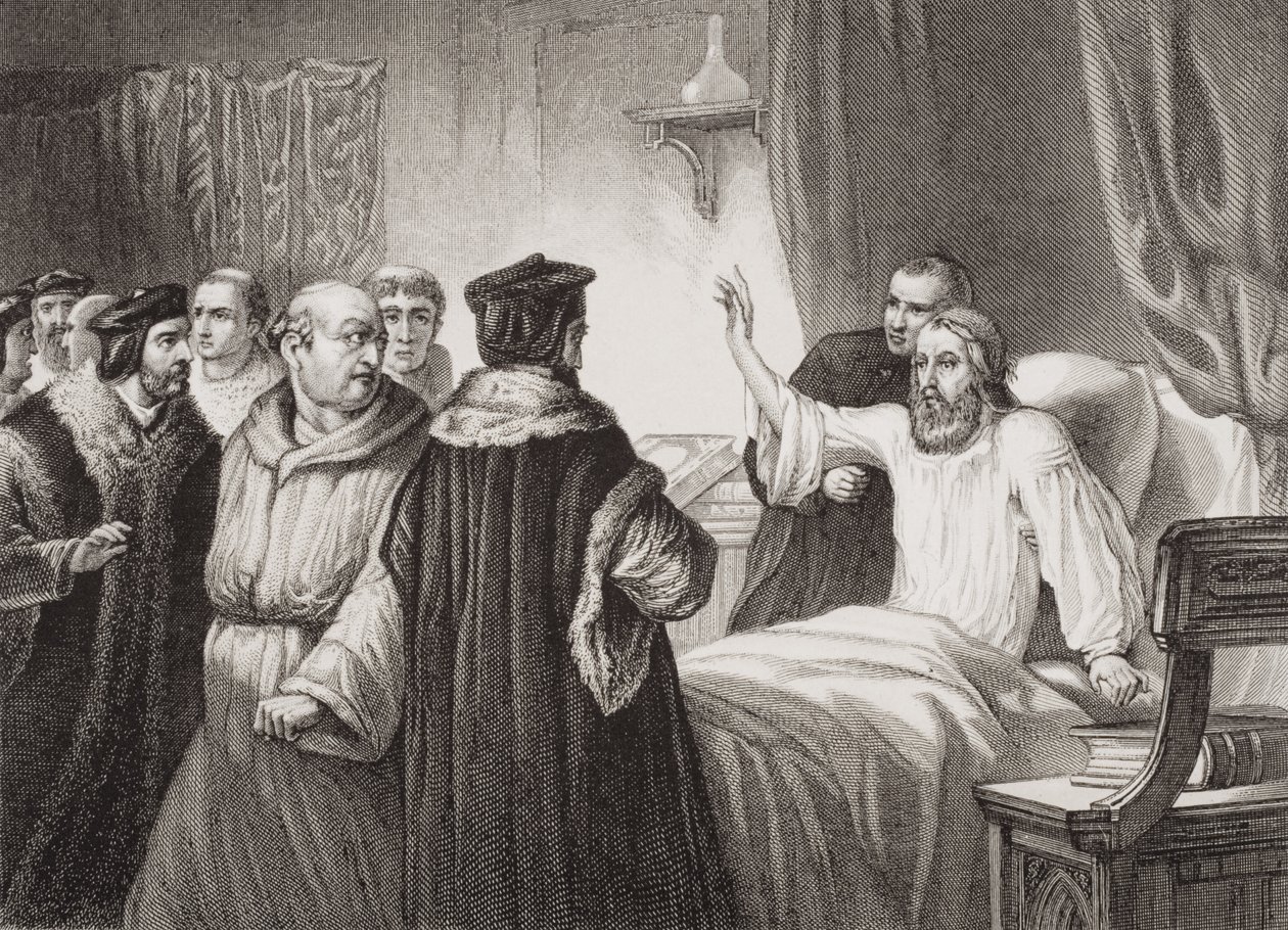 John Wycliffe (ca. 1330-84) auf seinem Krankenbett von den Mönchen in Oxford angegriffen, 1378, aus 