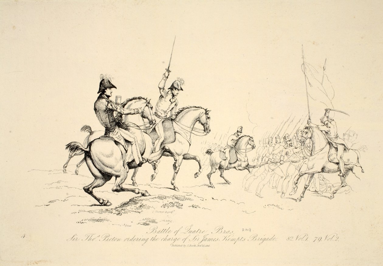 Schlacht von Quatre Bras: Sir Thomas Picton befiehlt den Angriff der Brigade von Sir James Kempt, veröffentlicht von J. Booth, 1816 von George Jones