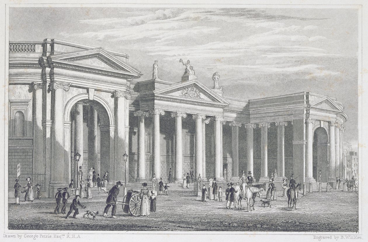 Südportikus der Bank von Irland, Dublin, ursprünglich das Parlamentsgebäude, graviert von B. Winkles von George Petrie