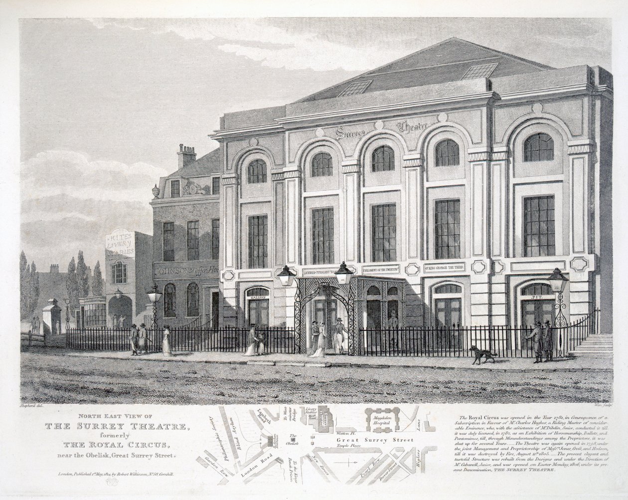 Nordostansicht des Surrey Theaters, ehemals The Royal Circus, in der Nähe des Obelisken, Great Surrey Street, graviert von William Wise, veröffentlicht von Robert Wilkinson, London von George Shepherd