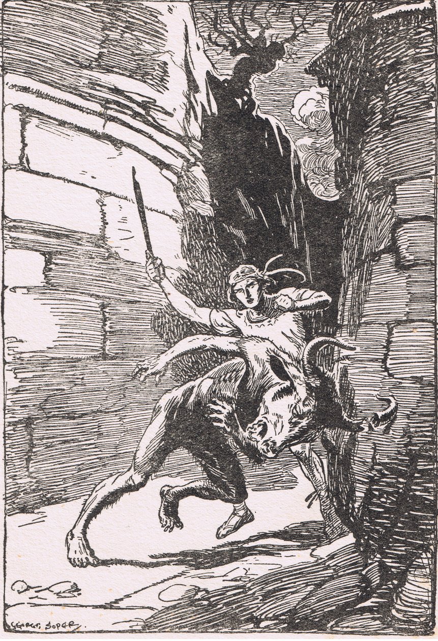 Der Minotaurus: Das Monster in seinem ersten Ansturm gegen Theseus verfehlte ihn um Haaresbreite und brach sich ein Horn von George Soper