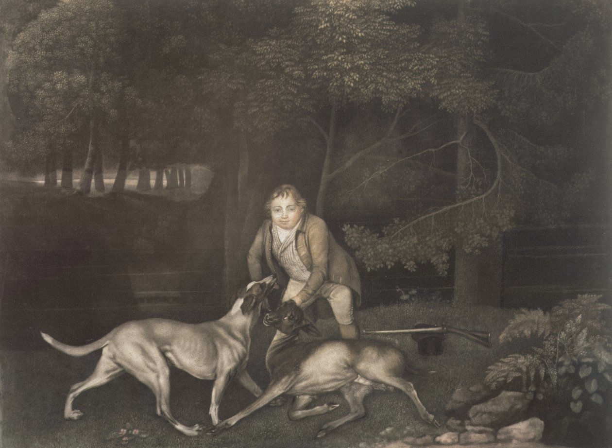 Freeman, Hüter des Earl of Clarendon, mit einem Hund und einer verwundeten Hirschkuh, 1804 von George Stubbs