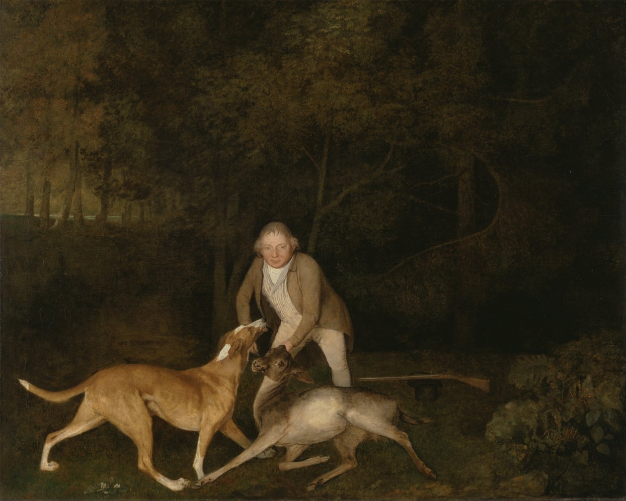Freeman, der Wildhüter des Earl of Clarendon, mit einem sterbenden Reh und einem Hund von George Stubbs