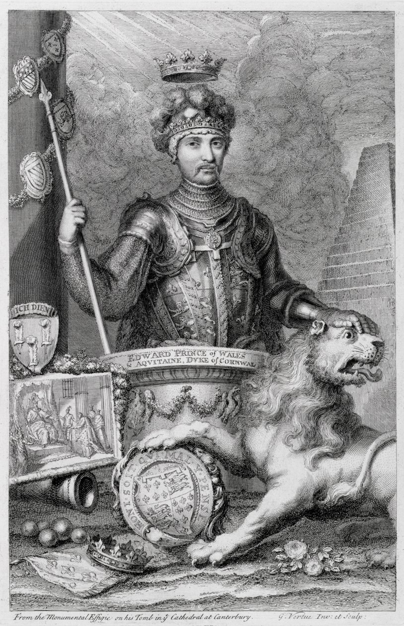 Edward der Schwarze Prinz (1330-76) nach der monumentalen Effigie in der Kathedrale von Canterbury, vom Künstler graviert von George Vertue