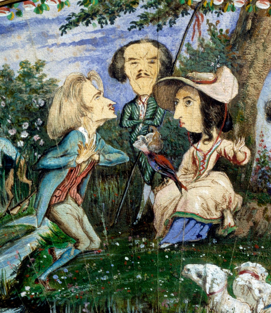 Fächer mit Karikaturen, gemalt in Gouache von George Sand (Aurore Dupin, Baronne Dudevant) (1804-1876) und Auguste Charpentier (1815-1880): Detail, das die Schriftstellerin George Sand zeigt, umgeben von Eugene Delacroix (Mitte) und Franz Liszt. 19. Jahrhu von George Sand