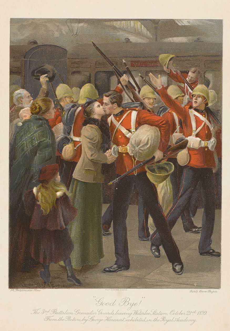 Auf Wiedersehen! Das 3. Bataillon der Grenadier Guards verlässt den Waterloo-Bahnhof, 21. Oktober 1899 von George (after) Harcourt