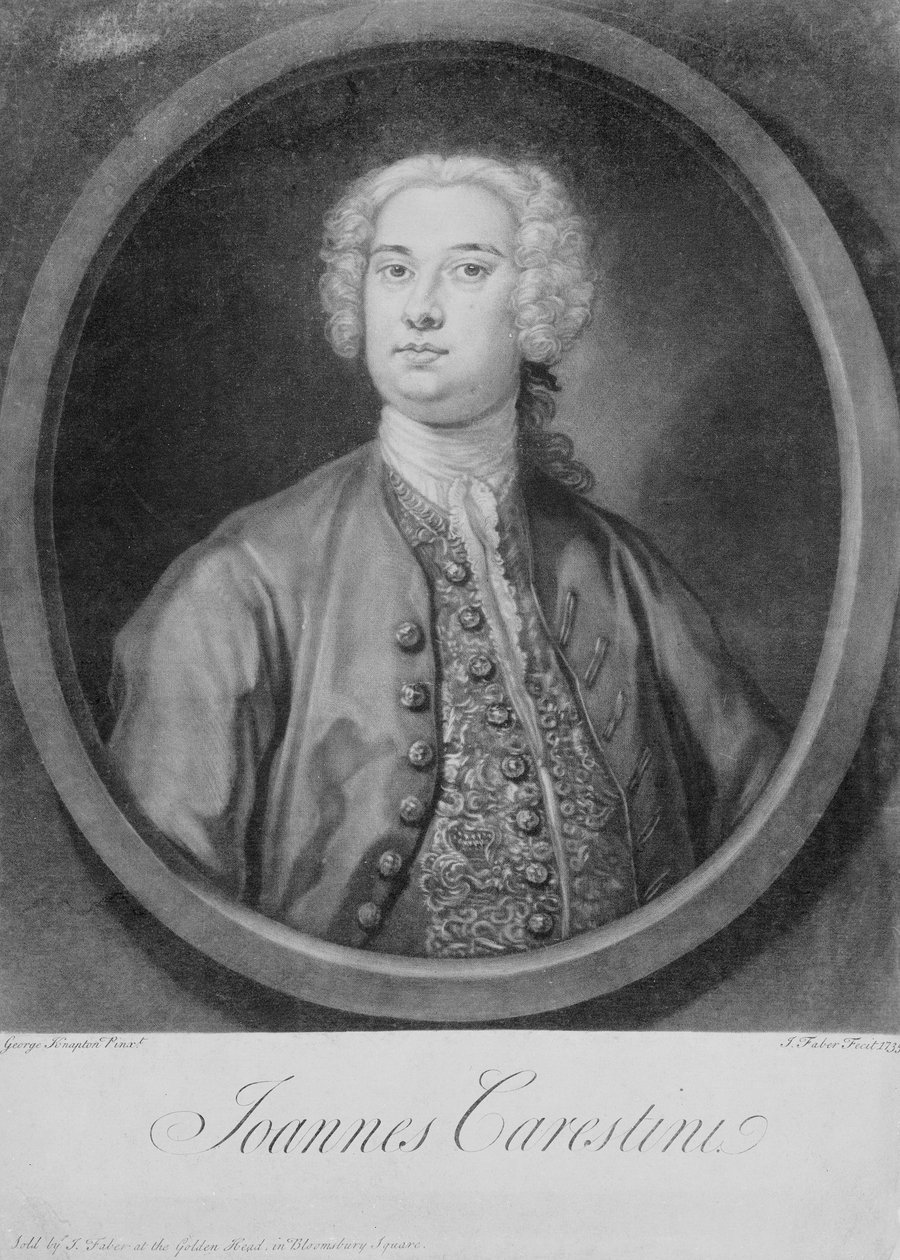 Porträt von Joannes Carestini (ca. 1705-60), italienischer Kastrat, graviert von John Faber (1684-1756) von George (after) Knapton