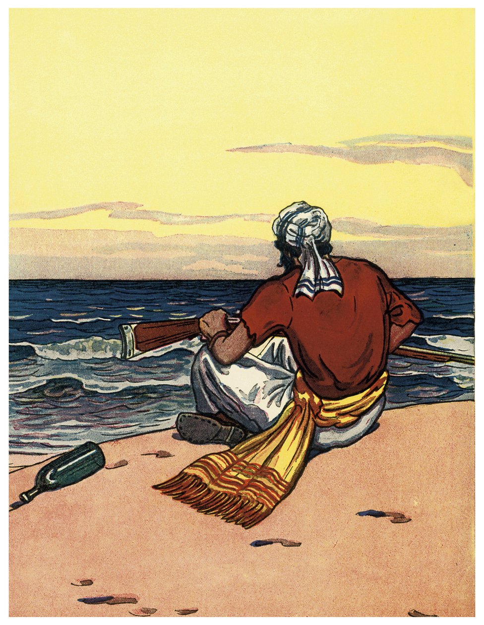 Ein Pirat verlässt eine einsame Insel und blickt auf die Horizontlinie Illustration aus „The Boys Books of Pirates“ von George Albert Williams (1875-1932) 1914 von George Alfred Williams