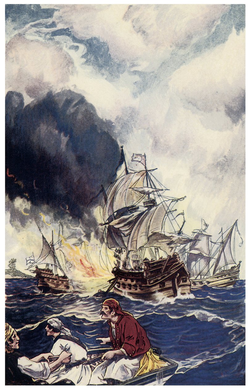 Brulotladung von Sprengstoffen wirft auf ein Schiff. Illustration aus „Pirates of Panama or The Buccaneers of America“ von George Albert Williams (1875-1932) 1914 von George Alfred Williams