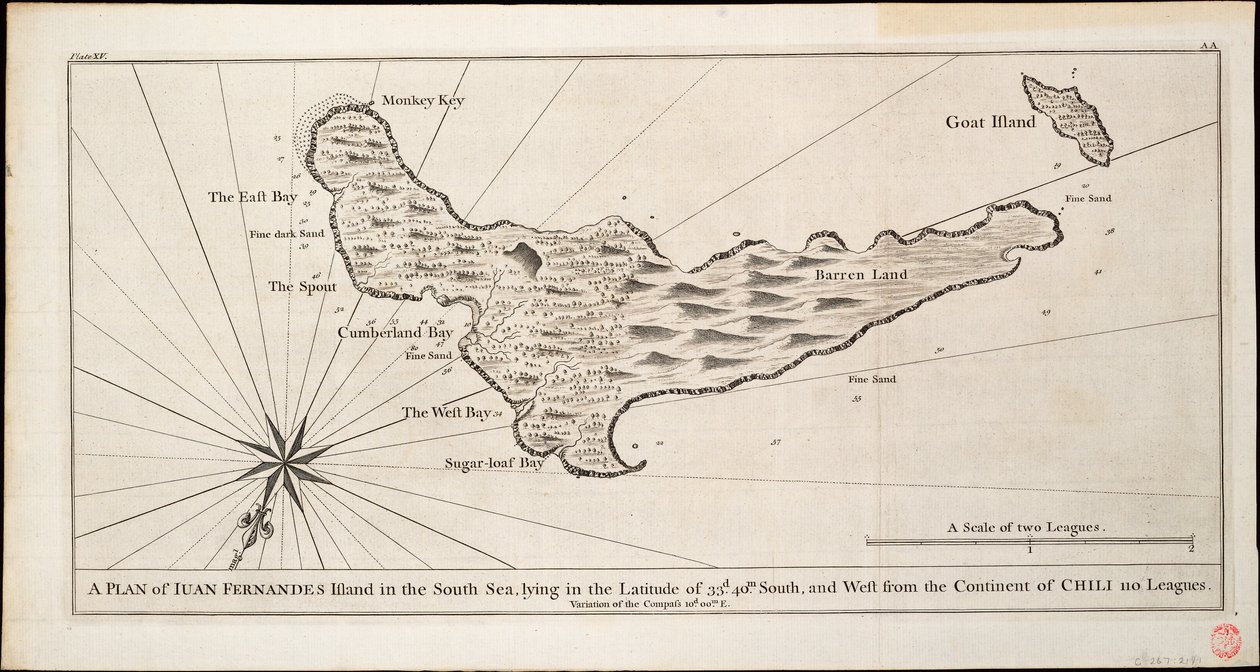 Plan der Insel Juan Fernández im Südpazifik, ca. 1750 von George Anson