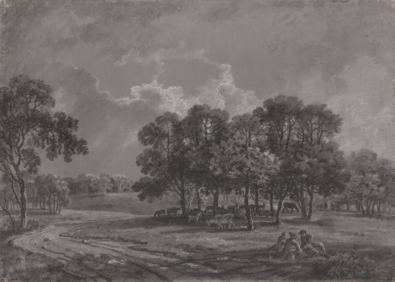 Parkszene mit Hirschen, Rindern und einer Gruppe von Figuren von George Barret