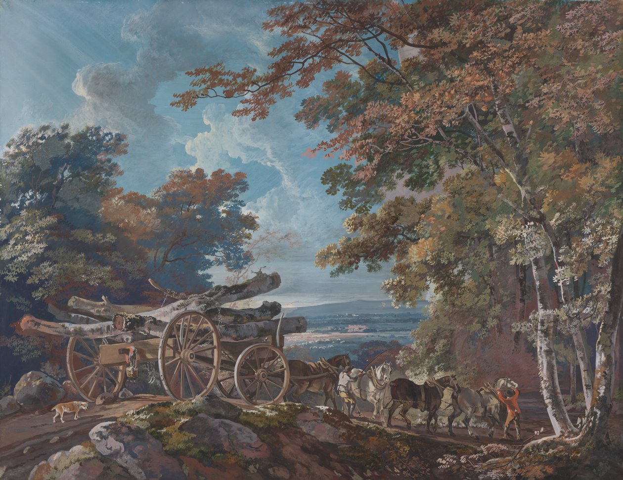 Holzwagen auf einer holprigen Straße (eines von einem Paar) von George Barret