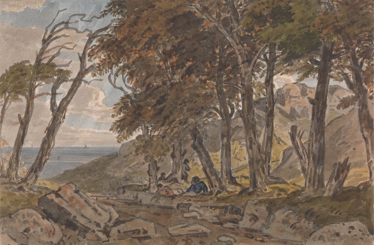 Figuren am Ufer eines bewaldeten Weges, mit Meer in der Ferne links von George Barret Jr.
