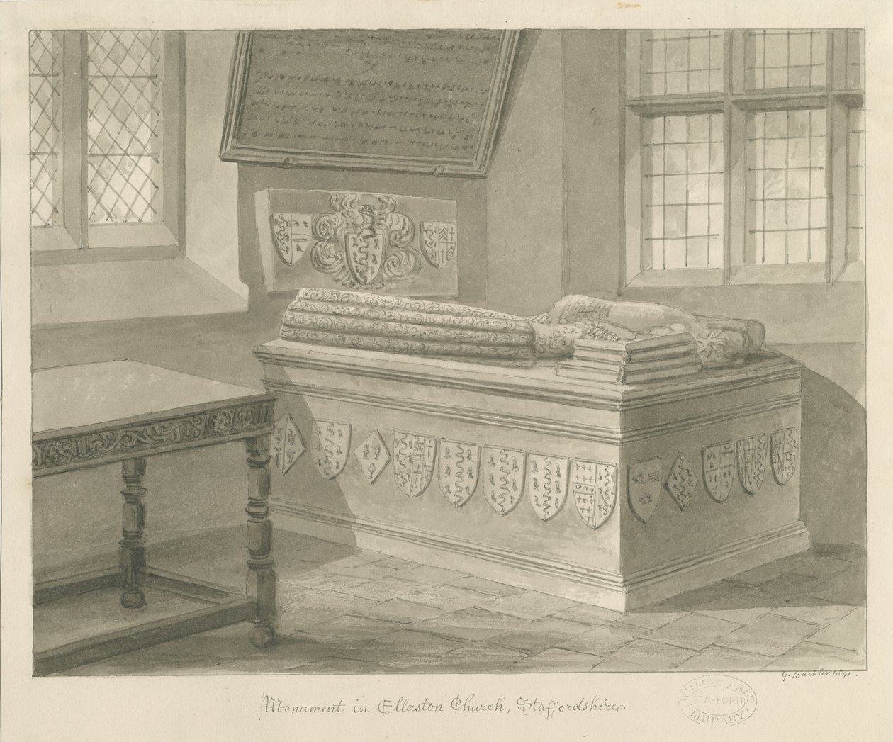 Ellastone Kirche - Denkmal für Sir John Fleetwood: Sepia-Zeichnung, 1841 von George Buckler
