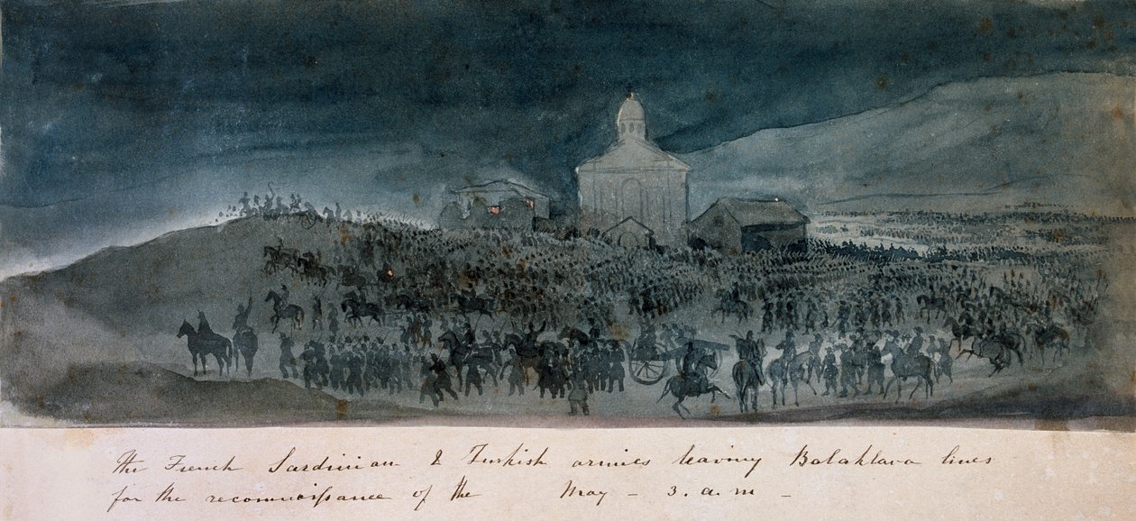Die französischen, sardischen und türkischen Armeen verlassen die Balaklava-Linien für eine Aufklärung, um 1854 von George Cadogan
