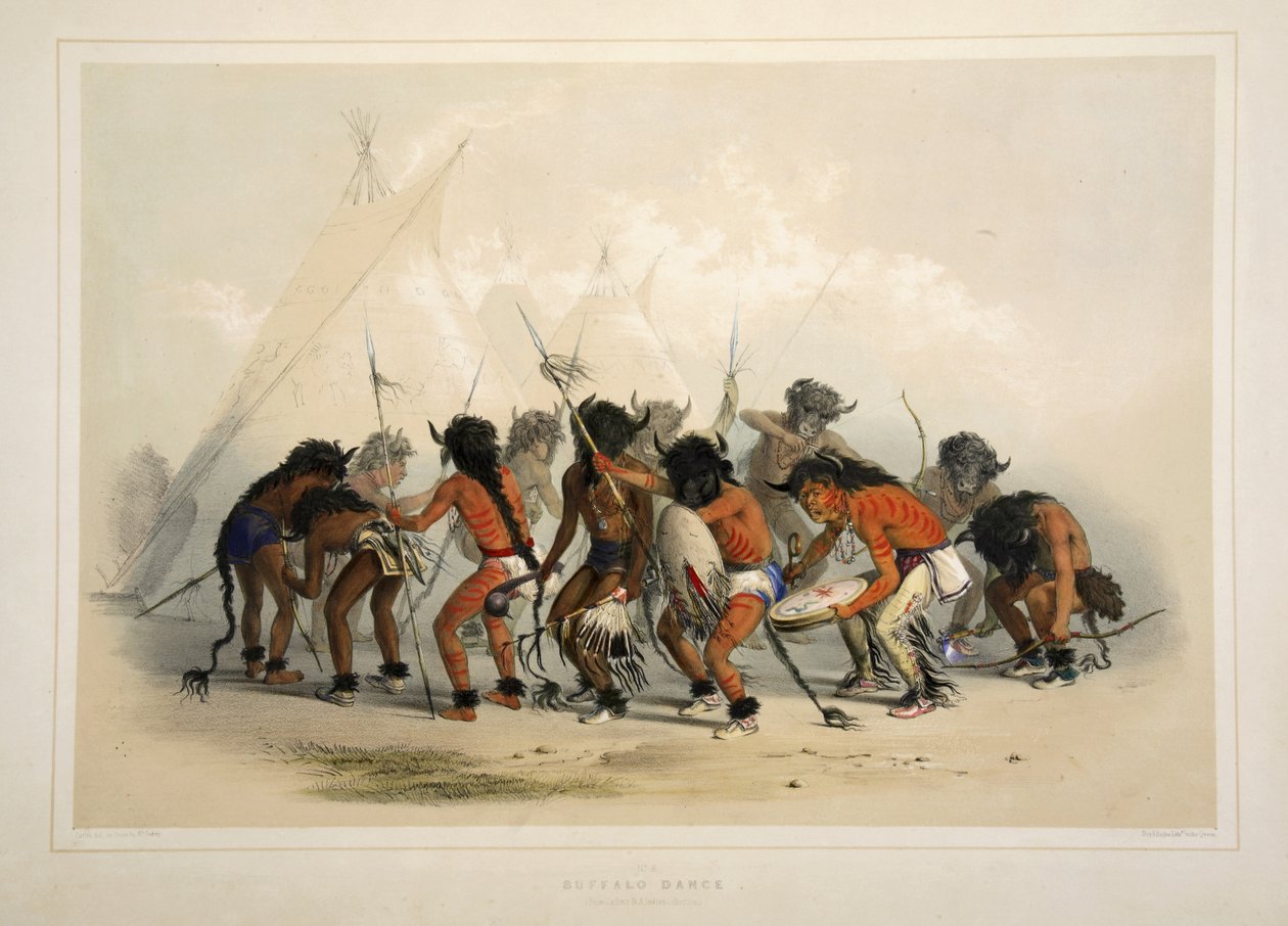 Büffeltanz, aus Catlins Nordamerikanisches Indianer-Portfolio. Jagdszenen und Vergnügungen der Rocky Mountains und Prärien Amerikas, veröffentlicht 1845 von George Catlin