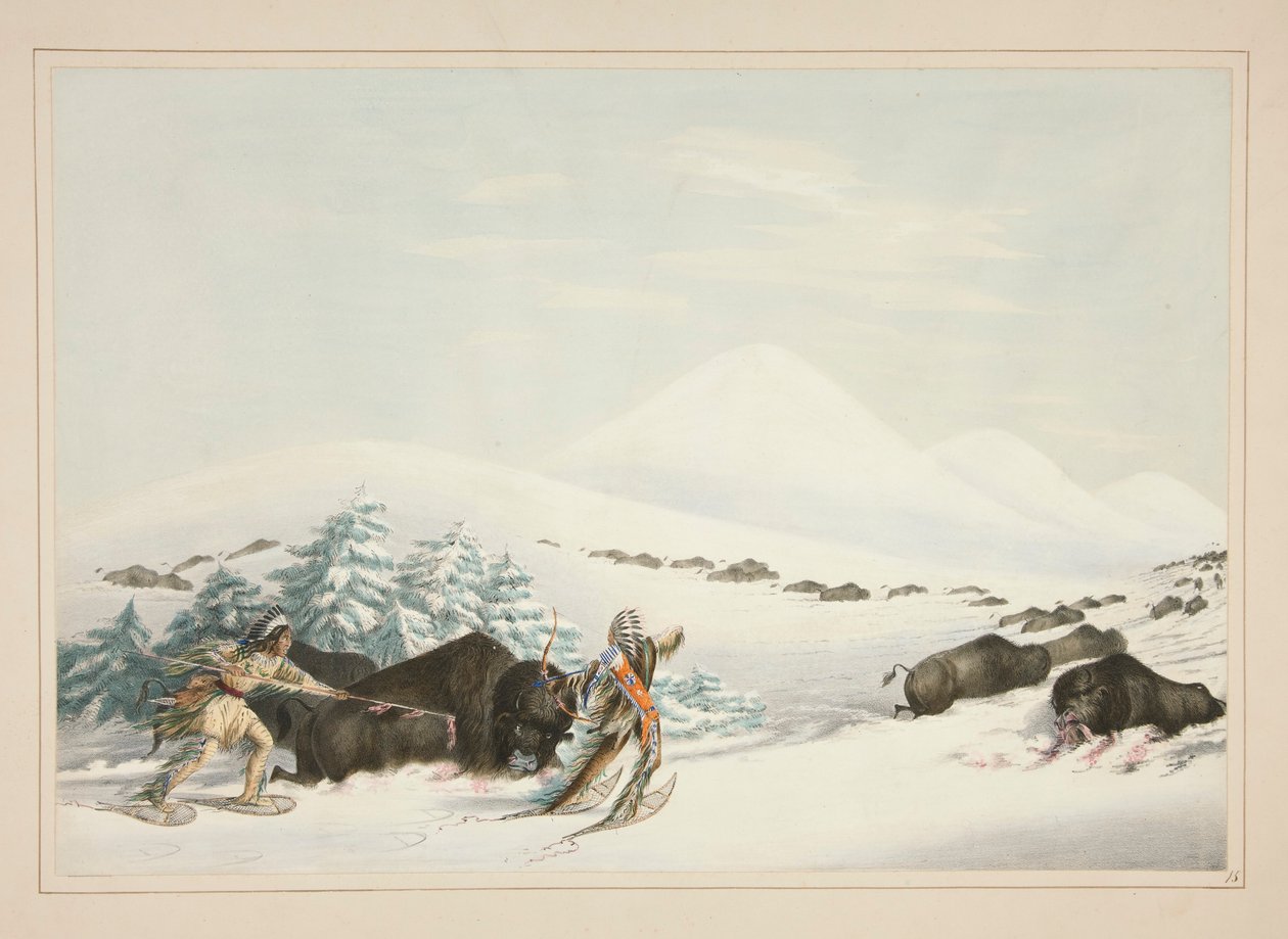 Büffeljagd auf Schneeschuhen, pl. 15 aus dem Nordamerikanischen Indianer-Portfolio von George Catlin