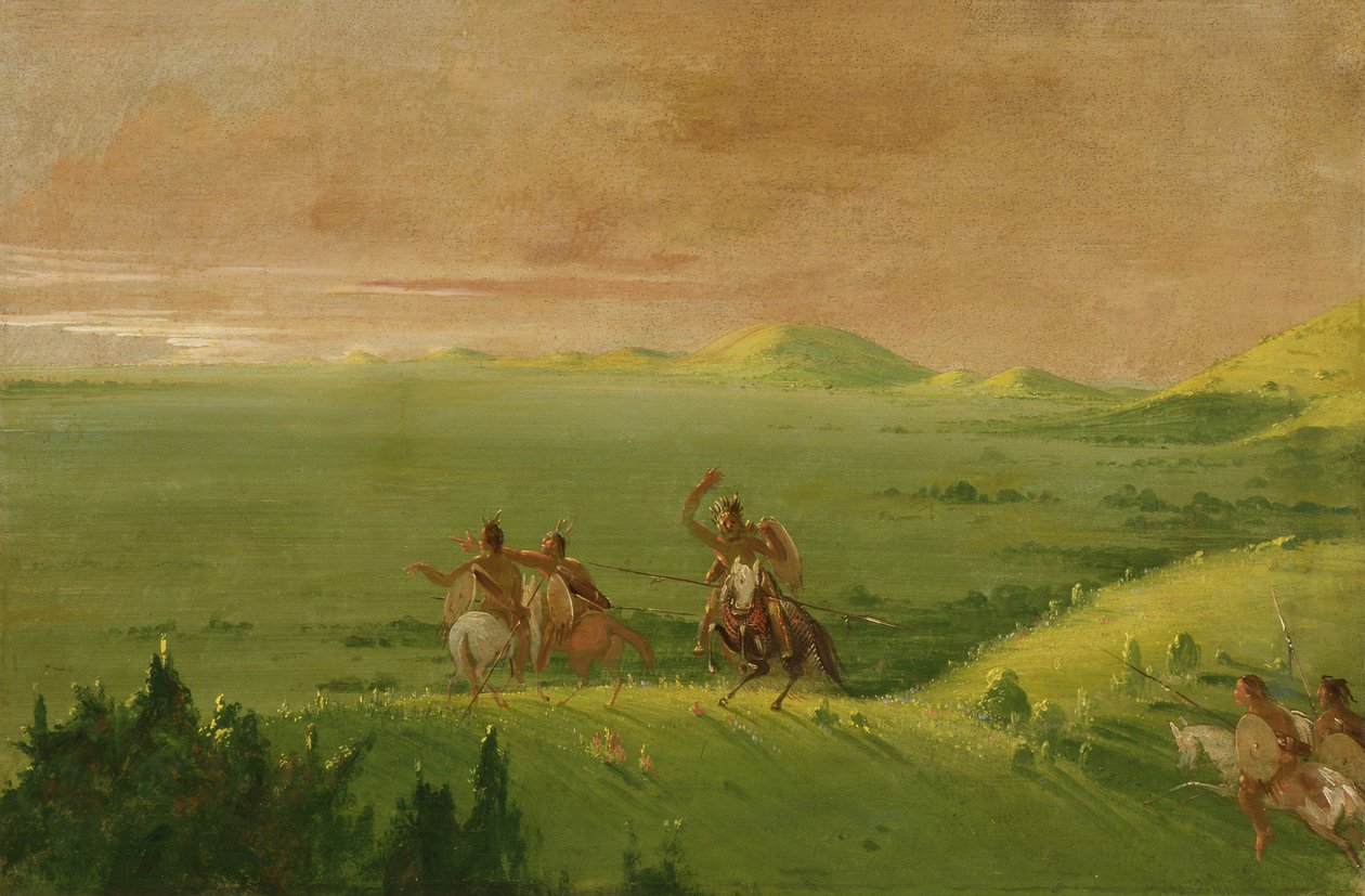 Komantschen-Kriegspartei, Häuptling entdeckt den Feind und drängt seine Männer bei Sonnenaufgang von George Catlin
