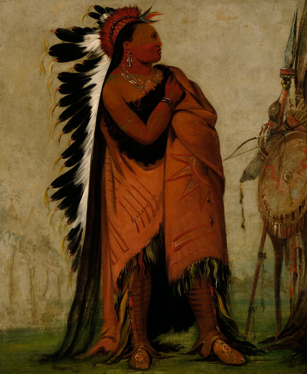 Eé-hee-a-duck-cée-a, Der sein Haar vorher bindet von George Catlin