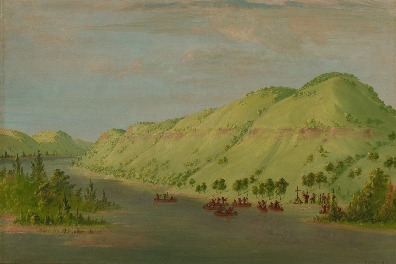 Pater Hennepin verlässt den Mississippi, um sich La Salle anzuschließen. 8. Mai 1680, 1847-1848 von George Catlin