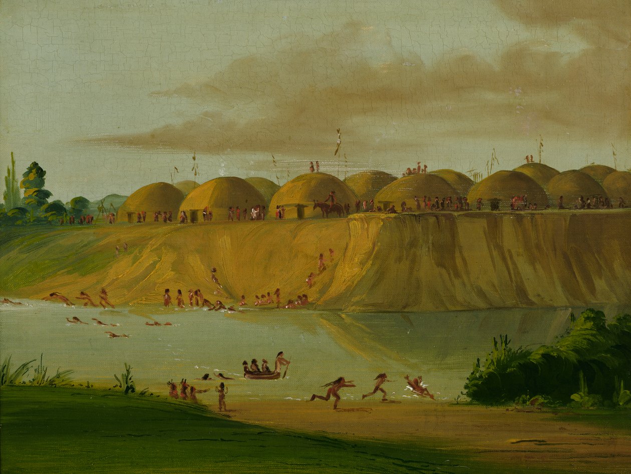 Hidatsa-Dorf, erdbedeckte Lodges am Knife River, 1810 Meilen oberhalb von St. Louis von George Catlin