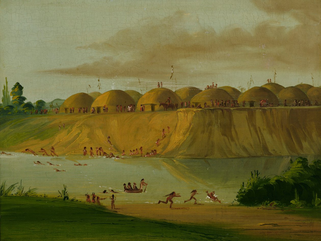 Hidatsa-Dorf, erdüberdeckte Lodges, am Knife River, 1810 Meilen oberhalb von St. Louis von George Catlin