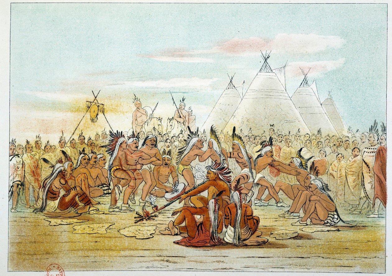 Assiniboin-Stamm, der den Pfeifentanz tanzt. Illustration von George Catlin von George Catlin