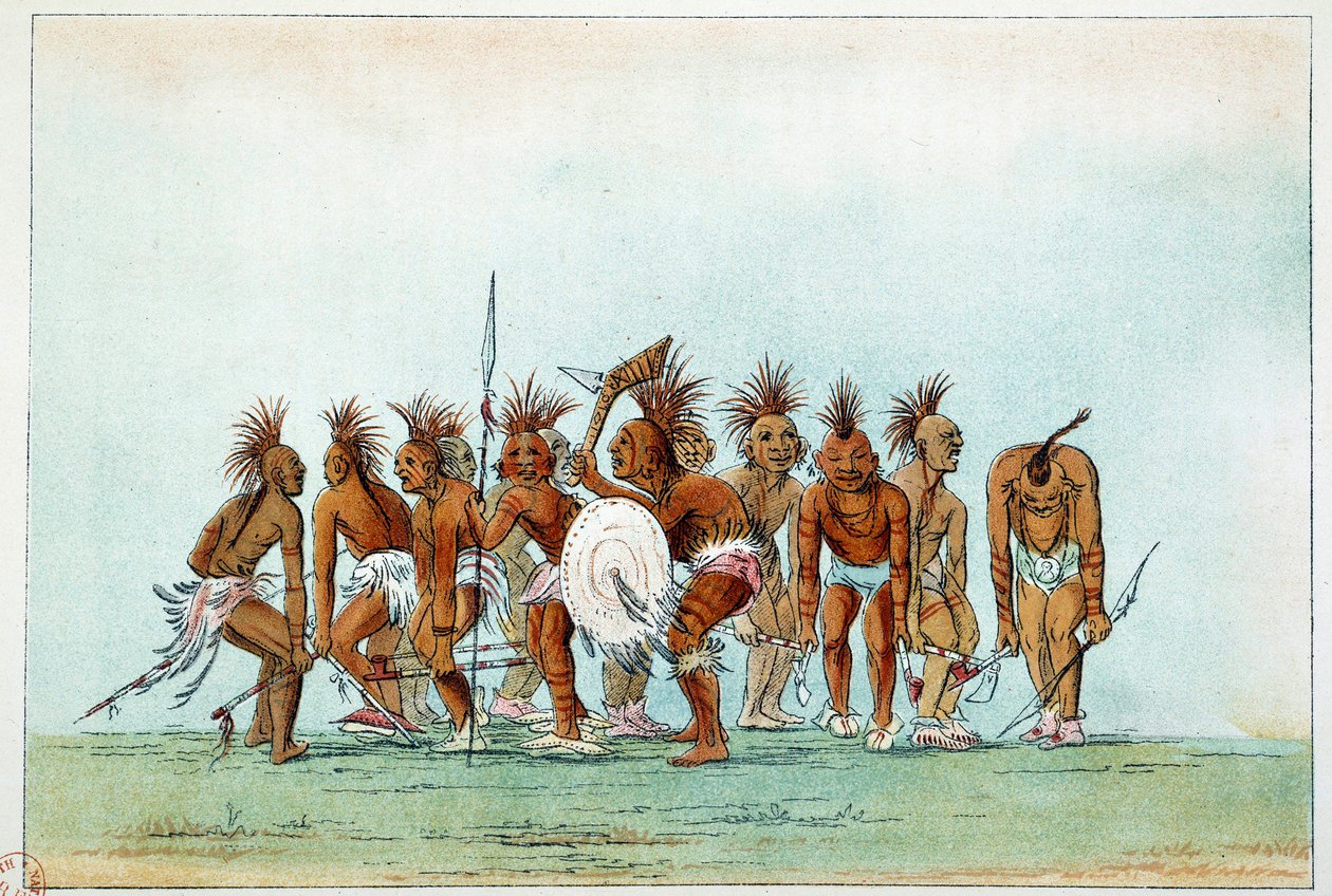 Indianer Amerikas: Black Hawk Stamm tanzt Bettlertanz für Touristen. Illustration von George Catlin von George Catlin