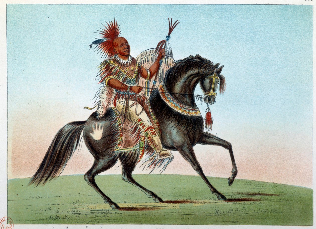 Indianer Amerikas: Reiterporträt eines Indianerhäuptlings des Stammes der Saxony und Foxes. Illustration von George Catlin (1794-1872) von George Catlin