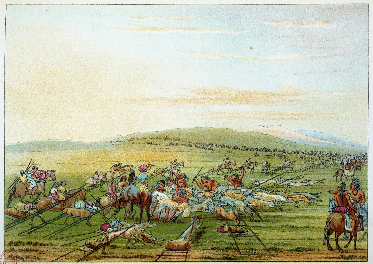 Indianer Amerikas: Stamm der Indianer mit Pferden und Hunden. Illustration von George Catlin von George Catlin