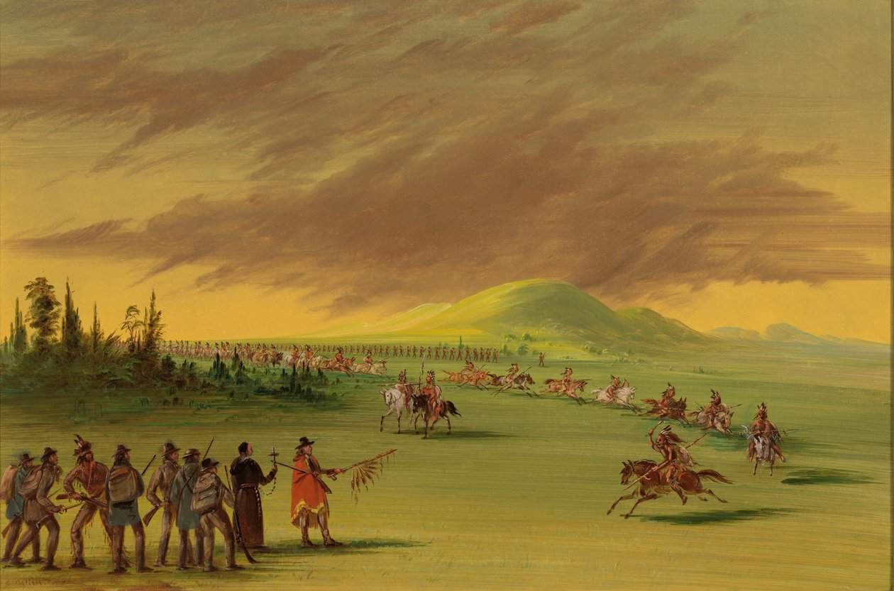 La Salle trifft auf eine Kriegspartei der Cenis-Indianer auf einer Prärie in Texas, 25. April 1686, 1847-1848 von George Catlin