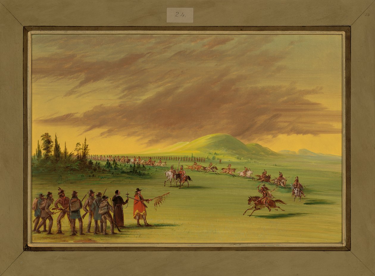 La Salle trifft auf eine Kriegstruppe der Cenis-Indianer auf einer Prärie in Texas, 25. April 1686 von George Catlin