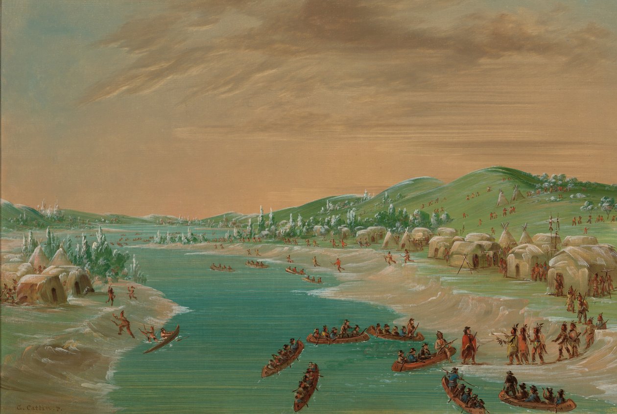 La Salle und seine Gruppe erreichen das Dorf der Illinois. 1. Januar 1680 von George Catlin