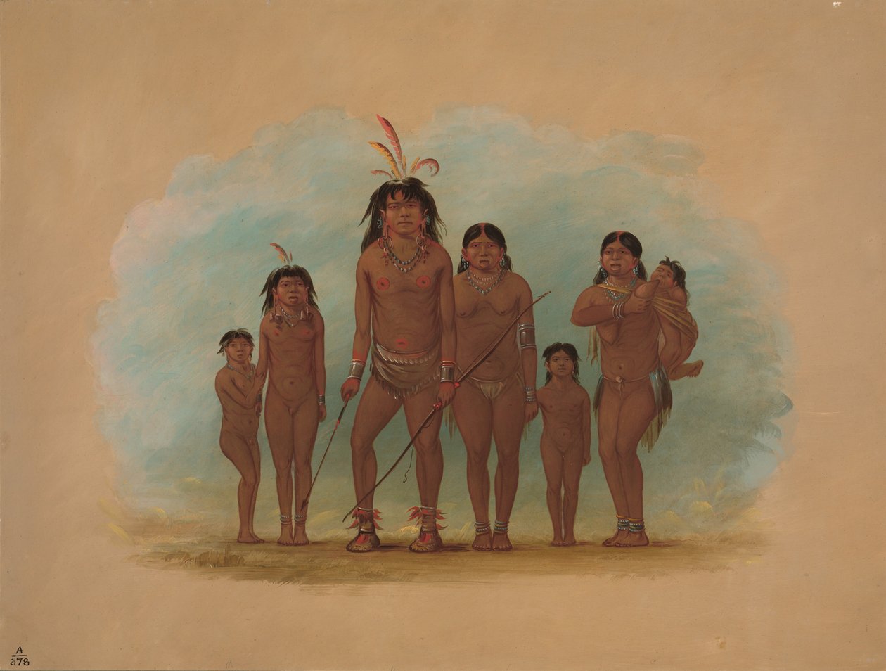Lengua-Häuptling, seine zwei Frauen und vier Kinder von George Catlin